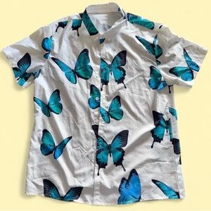 Men's White Shirt with Blue Butterfly Print